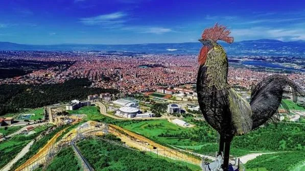 Panorama of Denizli city with the Denizli rooster monument in the foreground